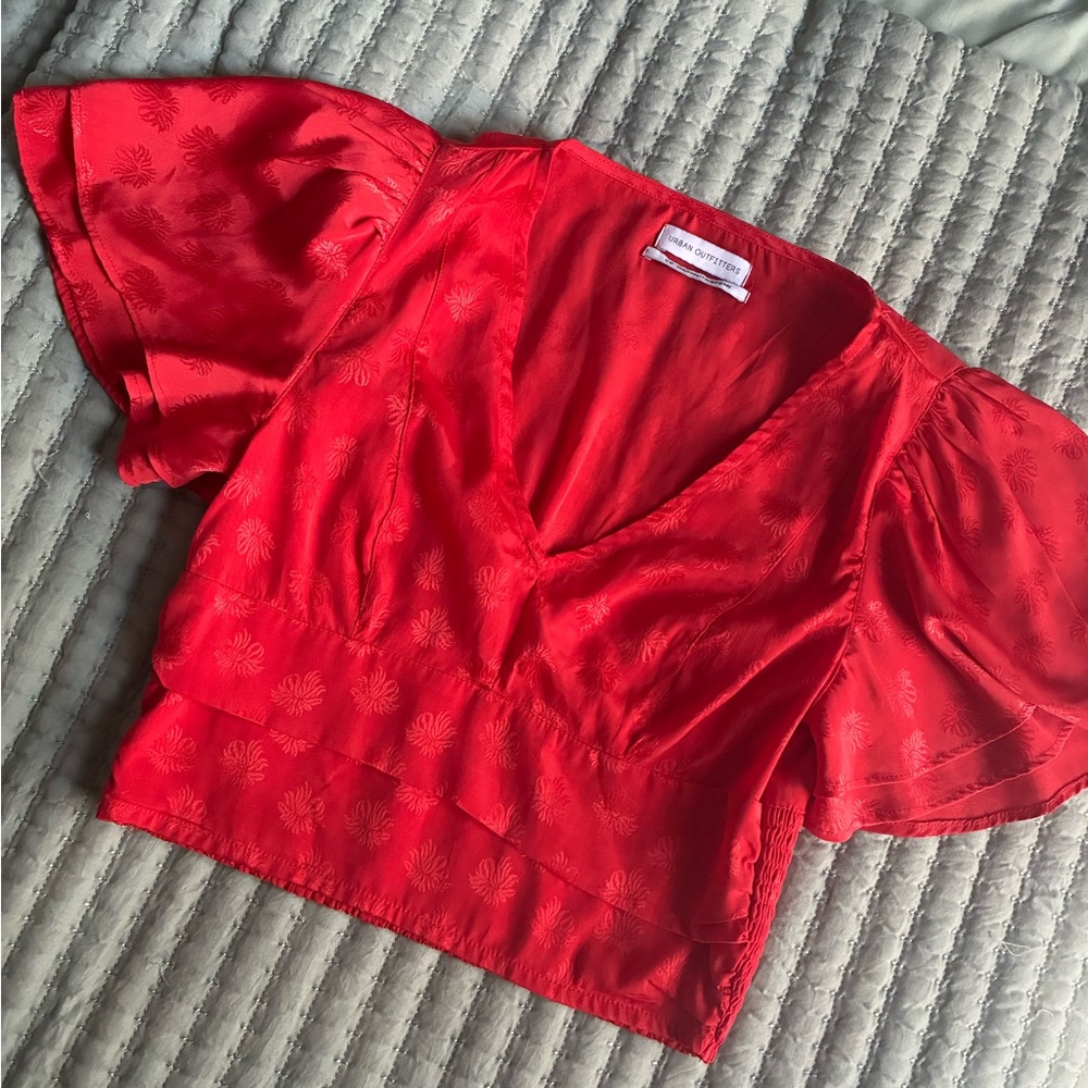 Orange Red Urban Outfitters V-Neck Puff Sleeve Top